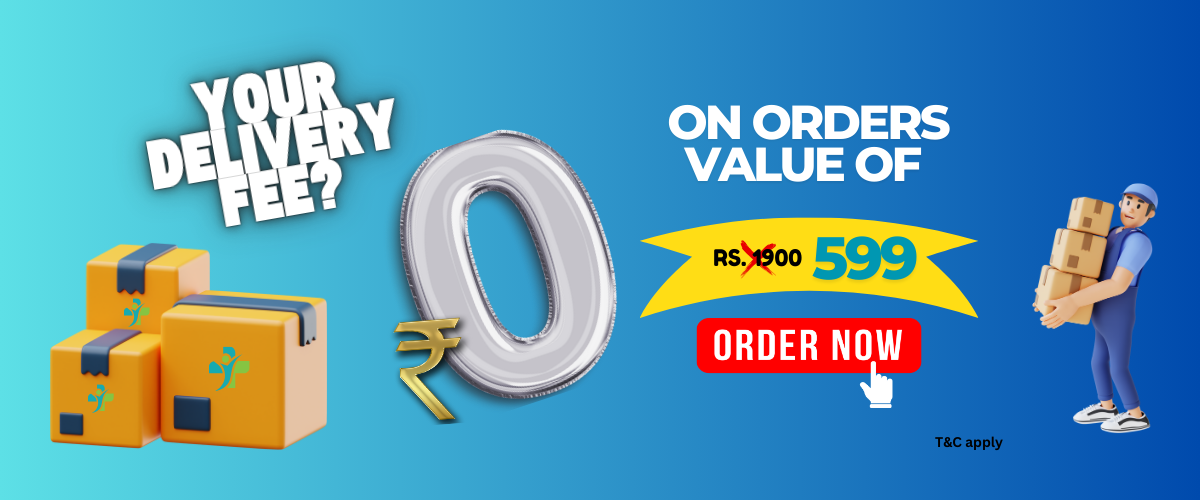Promotional banner with delivery boxes, a zero rupee symbol, and a person carrying boxes on a blue background.
